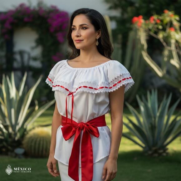 White Mexican Blouse with Lace Trim – Lightweight Chiffon-Style Top for Women - Picture 2 of 3